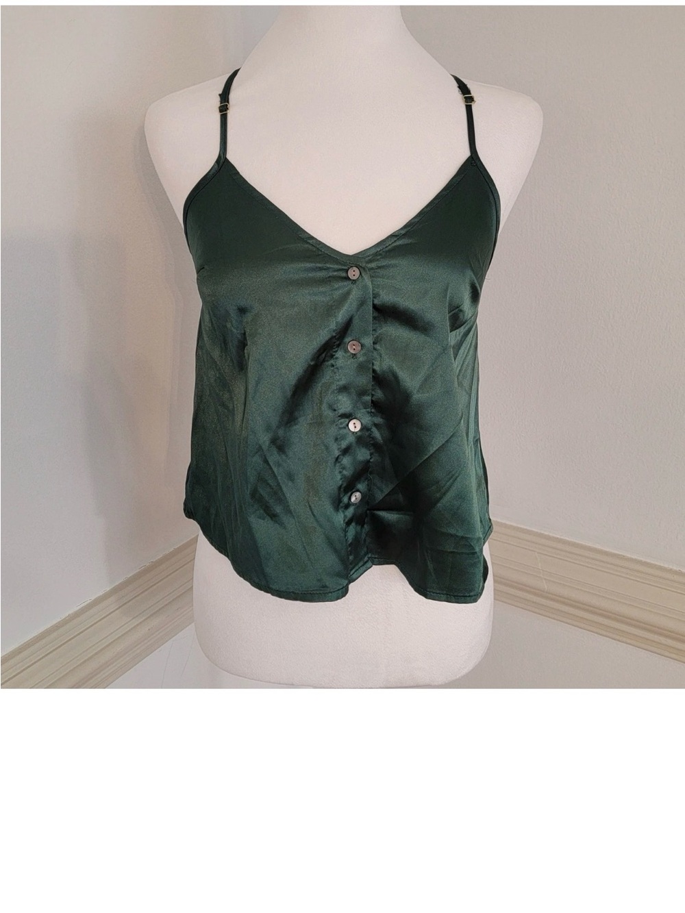 Women's Satin Button-Front Cami Top - Dark Green Black Lace Back Tank Top M